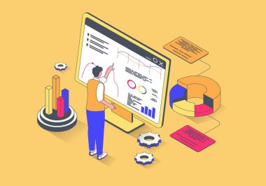 Veri analizi kavramı 3 boyutlu izometrik tasarım. İstatistik araştırması yapan bir adam. Rapor için gösterge panelinde grafik ve grafiklerle çalışıyor. Web grafiği için izometri insanlarıyla görüntü.