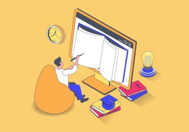 Çevrimiçi eğitim konsepti 3D izometrik tasarım. Bilgisayarda ödev yapan, dijital kitaplar ya da ders kitapları okuyan, uzaktan çalışan bir adam. Web grafiği için izometri insanlarıyla görüntü.