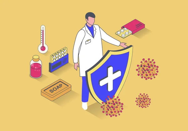 Stop coronavirus concept in 3d isometric design. Doctor with shield protects health from virus, makes vaccination and flu prevention. Illustration with isometry people scene for web graphic.