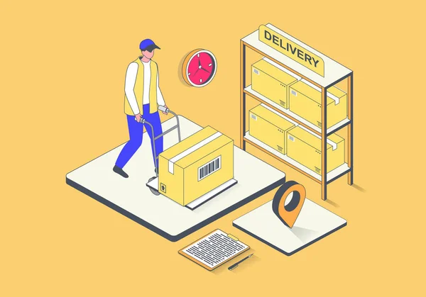 Delivery service concept in 3d isometric design. Man working in logistic company, loading parcel boxes at storage shelves in warehouse. Illustration with isometry people scene for web graphic.