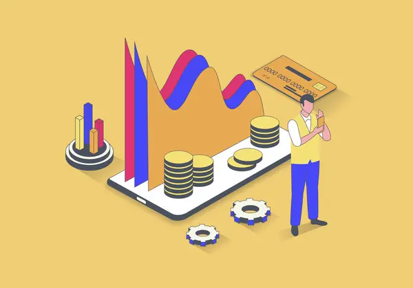 Finance concept in 3d isometric design. Man doing financial accounting and money management, analyzing data graphs and charts of account. Illustration with isometry people scene for web graphic.