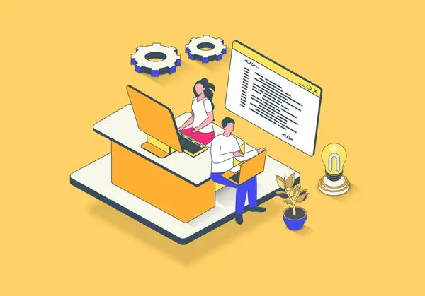 Software programming concept in 3d isometric design. Developer team work with code, testing computer programs and making optimization. Illustration with isometry people scene for web graphic.