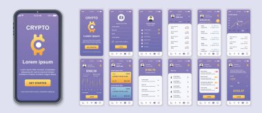 Kripto mobil uygulama arayüzü şablon ekranları ayarlandı. Hesap girişi, gelir tablosu, kar dengesi, kredi kartları, hisse senedi istatistikleri. Uygulama web düzeni için UI, UX, GUI kiti paketi. Vektör tasarımı.