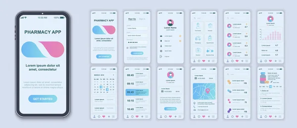 stock vector Pharmacy mobile app interface screens template set. Account login, find doctor, appointments on time, medicine shop, pills ordering. Pack of UI, UX, GUI kit for application web layout. Vector design.