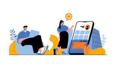 Uygulama geliştirme web konsepti düz çizgi film tasarımlı insanlarla. Erkek ve kadın mobil ekranın kullanıcı arayüzünü yaratıyor ve mühendislik yapıyor. Sosyal medya afişi, pazarlama materyali için vektör illüstrasyonu.