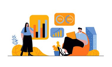 Düz çizgi film tasarımlı insanlarla veri analizi web konsepti. Kadın ve erkek büyük verilerle çalışıyor, raporlar hazırlıyor ve denetleme işi yapıyorlar. Sosyal medya afişi, pazarlama materyali için vektör illüstrasyonu.