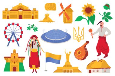 Ukrayna kültürü düz dizayndaki mega sembolü simgeler. Ukraynalılar, sarı ve mavi bayrak, mızrak, kestane, ayçiçeği, Kiev mimarisi. Vektör illüstrasyonu izole edilmiş grafik nesneler
