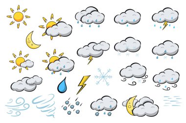 Düz dizaynda büyük hava sembolleri. Güneşin elementleri, ay, yağmurlu bulutlar, şimşekler, kar, rüzgar, fırtına, sevimli meteoroloji piktogramları. Vektör illüstrasyonu izole edilmiş grafik nesneler