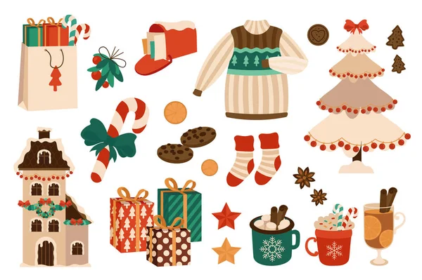 フラットデザインのクリスマス2024メガセット 贈り物 キャンディー 郵便箱 セーター お祝いの木 クッキー ジンジャーブレッドの家 マルチワインなどの束の要素 ベクトルイラスト — ストックベクタ