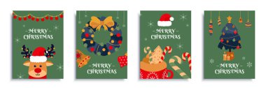 Mutlu Noeller 2024 düz tasarım broşürü. Noel Baba şapkalı şirin ren geyiği şablonları, yaylı çelenk, oyuncaklı ağaç, lolipop, diğer yeni yıl dekorları. Vektör illüstrasyonu.