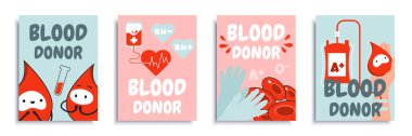 Kanlı bağışçı broşürü düz tasarlanmış. Şirin karakterli poster şablonları, deri sıvılı test tüpleri, damlatıcılar, hücreler, tıbbi eldivenler, diğer bağış sembolleri. Vektör illüstrasyonu.