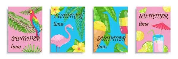 Sommerferienbroschüre Flachem Design Plakatvorlagen Mit Palmblättern Papagei Und Flamingo Plusblüten — Stockvektor