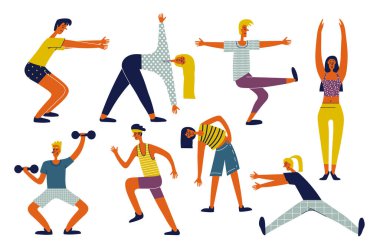 Sporcular web için düz karakter tasarımında fitness yaparlar. Farklı kadın ve erkeklerden oluşan bir grup antrenman, koşu, yoga, asana ve dambıl egzersizi yapıyor. Vektör illüstrasyonu.