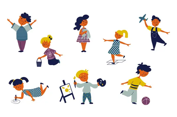 Children people set in flat character design for web. Bundle persons of different cute little boys and girls playing with toys, drawing and having fun. Happy kids at kindergarten. Vector illustration.