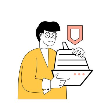 Çizgi filmcilerin internet için tasarladığı sigorta hizmeti konsepti. Seyahat kazası sigortasını güvenli gemi yolculuğu için kullanıyor. Sosyal medya afişi, pazarlama materyali için vektör illüstrasyonu.