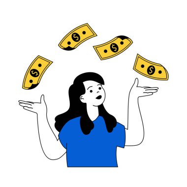 Çizgi filmcilerle iş konsepti web için düz tasarım. İş kadını şirketi geliştiriyor ve gelir artışı sağlıyor. Sosyal medya afişi, pazarlama materyali için vektör illüstrasyonu.