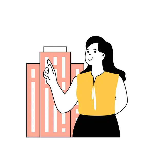 卡通人物保险服务理念 平面网页设计 女人和银行的经纪人一起为她在摩天大楼里的公寓投保 社交媒体横幅和营销材料的矢量插图 — 图库矢量图片