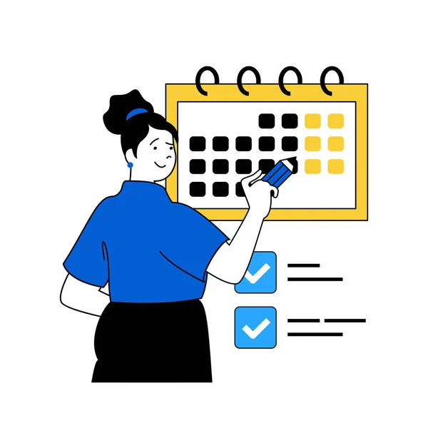 Business concept with cartoon people in flat design for web. Woman planning work process using calendar and time management tools. Vector illustration for social media banner, marketing material.