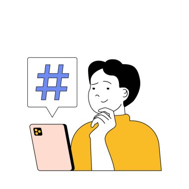 Çizgi filmcilerle sosyal ağ konsepti web için düz tasarım. Çevrimiçi eğilimleri öğrenmek için hashtag kullanan insanlar. Sosyal medya afişi, pazarlama materyali için vektör illüstrasyonu.