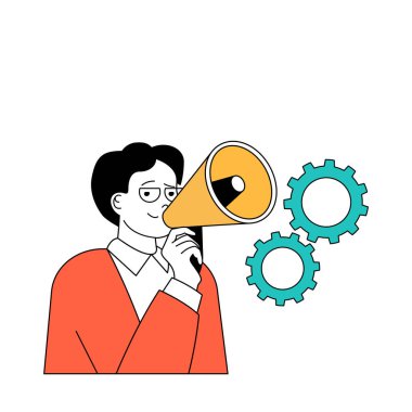 Çizgi film insanlarının web için düz dizayn ettiği pazarlama ve geliştirme konsepti. Megafonlu adam reklam ve duyuru yapıyor. Sosyal medya afişi, pazarlama materyali için vektör illüstrasyonu.