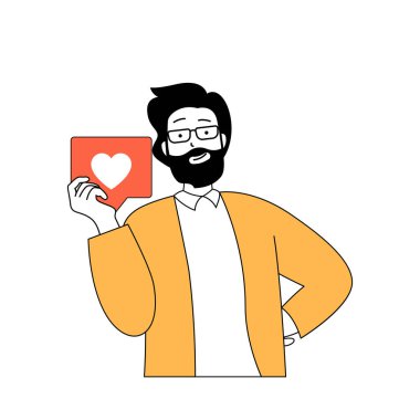 Social media concept with cartoon people in flat design for web. Man sharing posts and information online and getting likes in blog. Vector illustration for social media banner, marketing material.