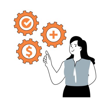 Çizgi filmcilerle iş ve finans kavramı web için düz tasarım. İşlem organizasyonu yapan kadın, anlaşma onayı ve ödeme. Sosyal medya afişi, pazarlama materyali için vektör illüstrasyonu.