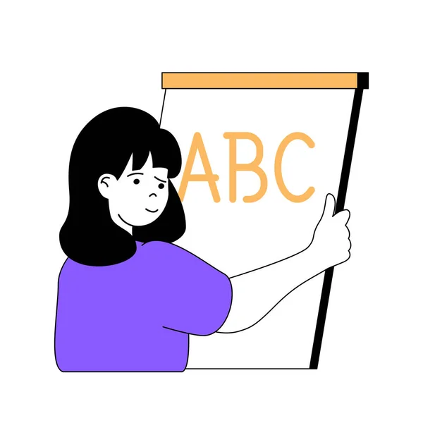 Education Concept Cartoon People Flat Design Web Teacher Explaining Alphabet — Stockvector