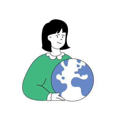 Çizgi film karakterlerinin web için düz dizayn edildiği ekoloji konsepti. Bitkileri koruyan ve gezegeni kurtaran ve iklim değişikliğini durduran kadın. Sosyal medya afişi, pazarlama materyali için vektör illüstrasyonu.