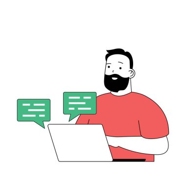 Çizgi film karakterlerinin web için düz dizayn edildiği ekoloji konsepti. Çevreci aktivist adam eğitici çevre konularında sohbet ediyor. Sosyal medya afişi, pazarlama materyali için vektör illüstrasyonu.