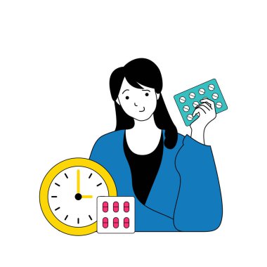 Çizgi filmlerdeki insanların web için düz dizayn edildiği tıbbi konsept. Kadın hastalıkları tedavi ediyor, hapları ve ilaçları saatle alıyor. Sosyal medya afişi, pazarlama materyali için vektör illüstrasyonu.