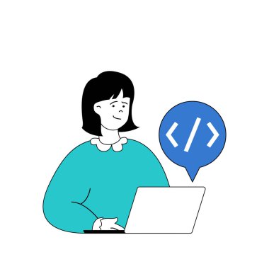Çizgi film insanlarının web için düz dizayn edildiği programlama konsepti. Program kodları ve senaryolar yazan bir kadın, bilişim şirketinde çalışıyor. Sosyal medya afişi, pazarlama materyali için vektör illüstrasyonu.