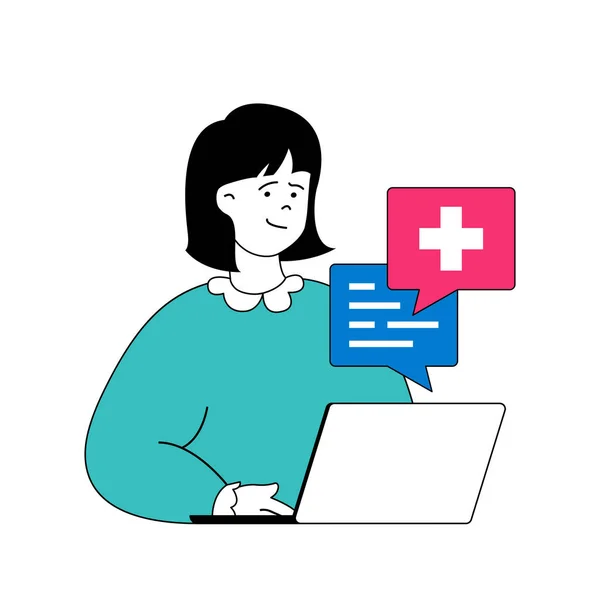 Medical concept with cartoon people in flat design for web. Woman getting online consultation and chatting with doctor by laptop. Vector illustration for social media banner, marketing material.