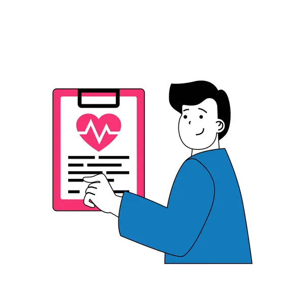 ウェブのためのフラットデザインの漫画の人々との医療コンセプト 男性は医師の心臓専門医として働き 心臓検査と臨床研究を行っています ソーシャルメディアバナー マーケティング資料のベクトルイラスト — ストックベクタ