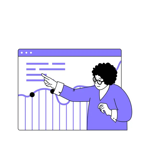 Teamwork concept with cartoon people in flat design for web. Woman analysing financial data at graph, making report for colleagues. Vector illustration for social media banner, marketing material.