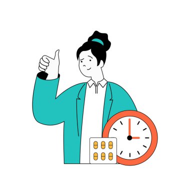 Çizgi filmlerdeki insanların ağ için düz dizayn edildiği Coronavirus konsepti. Kadın virüs hastası ve ilaçlarını zamanında alıyor. Sosyal medya afişi, pazarlama materyali için vektör illüstrasyonu.