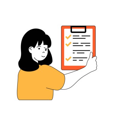 Çizgi filmlerdeki insanların web için tasarladığı spor konsepti. Kadın spor salonunda egzersiz planı ve antrenman programı yapıyor. Sosyal medya afişi, pazarlama materyali için vektör illüstrasyonu.