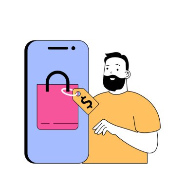 Çizgi filmlerdeki insanların internet için düz dizayn ettikleri mobil ticaret konsepti. İnsanlar online alışverişler yapıyor, indirimli fiyat teklifleri seçiyorlar. Sosyal medya afişi, pazarlama materyali için vektör illüstrasyonu.