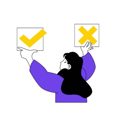 İnternetteki oylama kavramı, çizgi film karakterlerinin web için düz dizayn edilmesidir. Siyasi adayları seçen ve sınavda onay veren bir kadın. Sosyal medya afişi, pazarlama materyali için vektör illüstrasyonu.