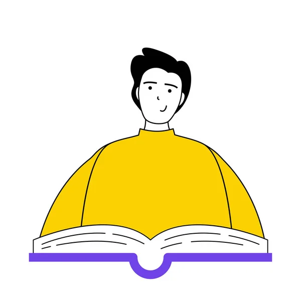 Book reading concept with cartoon people in flat design for web. Man reads novel. Student learns with textbook. Bookworm doing hobby. Vector illustration for social media banner, marketing material.
