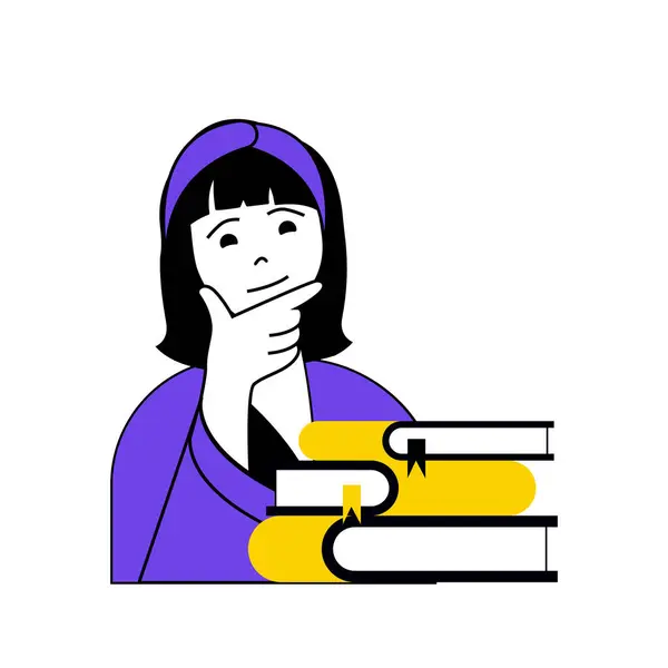 Book reading concept with cartoon people in flat design for web. Woman with stacks of textbooks learning and thinking about literary. Vector illustration for social media banner, marketing material.