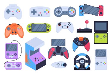 Gamepad mega dizaynı düz dizayn. Farklı oyun konsollarının, joysticklerin, kumar makinelerinin ve taşınabilir oyun aksesuarlarının bohçaları. Görüntü izole edilmiş grafik nesneleri