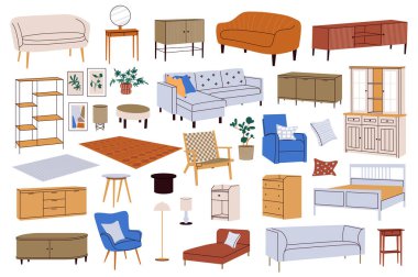Dahili mobilya mega dizaynı. Farklı tip kanepeler, masalar, kitaplıklar, tablolar, koltuklar, lambalar, yastıklar, diğerleri. Görüntü izole edilmiş grafik nesneleri