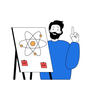Çizgi filmlerdeki insanların ağ için dizayn edildiği okul öğrenme konsepti. Öğrenci yönetim kurulunda fizik raporuyla sunum yapıyor. Sosyal medya afişi, pazarlama materyali için vektör illüstrasyonu.
