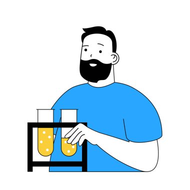 Çizgi filmlerdeki insanların ağ için düz dizayn edildiği bilim laboratuarı konsepti. Bilim adamı tüplerdeki sıvılar hakkında tıbbi araştırma yapıyor. Sosyal medya afişi, pazarlama materyali için vektör illüstrasyonu.