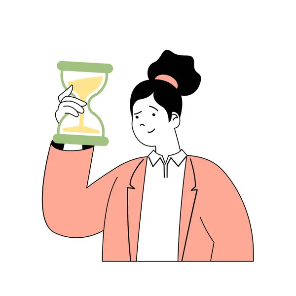 Time management concept with cartoon people in flat design for web. Woman holds hourglass and organizes efficiency work at company. Vector illustration for social media banner, marketing material.