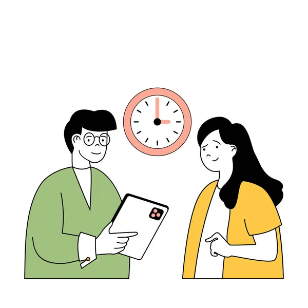 Time management concept with cartoon people in flat design for web. Woman and man working at team with countdown clock to deadline. Vector illustration for social media banner, marketing material.
