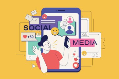 Ağ için düz neo barbarlık tasarımı sosyal medya kavramı. Uygulamada gezinen, sohbet eden ve blogda canlı yayın çevirisi yapan bir adam. Sosyal medya afişi, pazarlama materyali için vektör illüstrasyonu.