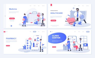 Düz tasarımda iniş sayfası için tıp web konsepti. Tıbbi hizmetler, sağlık programları, eczane ve online eczane, klinik merkezi. Ana sayfa için insan karakterleri ile vektör illüstrasyonu