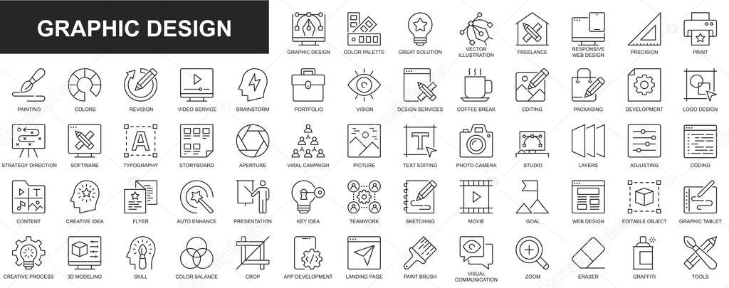 Graphic design web icons set in thin line design. Pack of color palette, solution, freelance, print, painting, video service, brainstorming, portfolio, editing, other. Outline stroke pictograms
