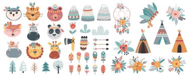 Çizgi film tasarımında sevimli Amerikan mega seti. Tüylü başlıklar, dağlar, bitkiler, düş kapanı, kabile çadırları. Vektör illüstrasyonu izole nesneler